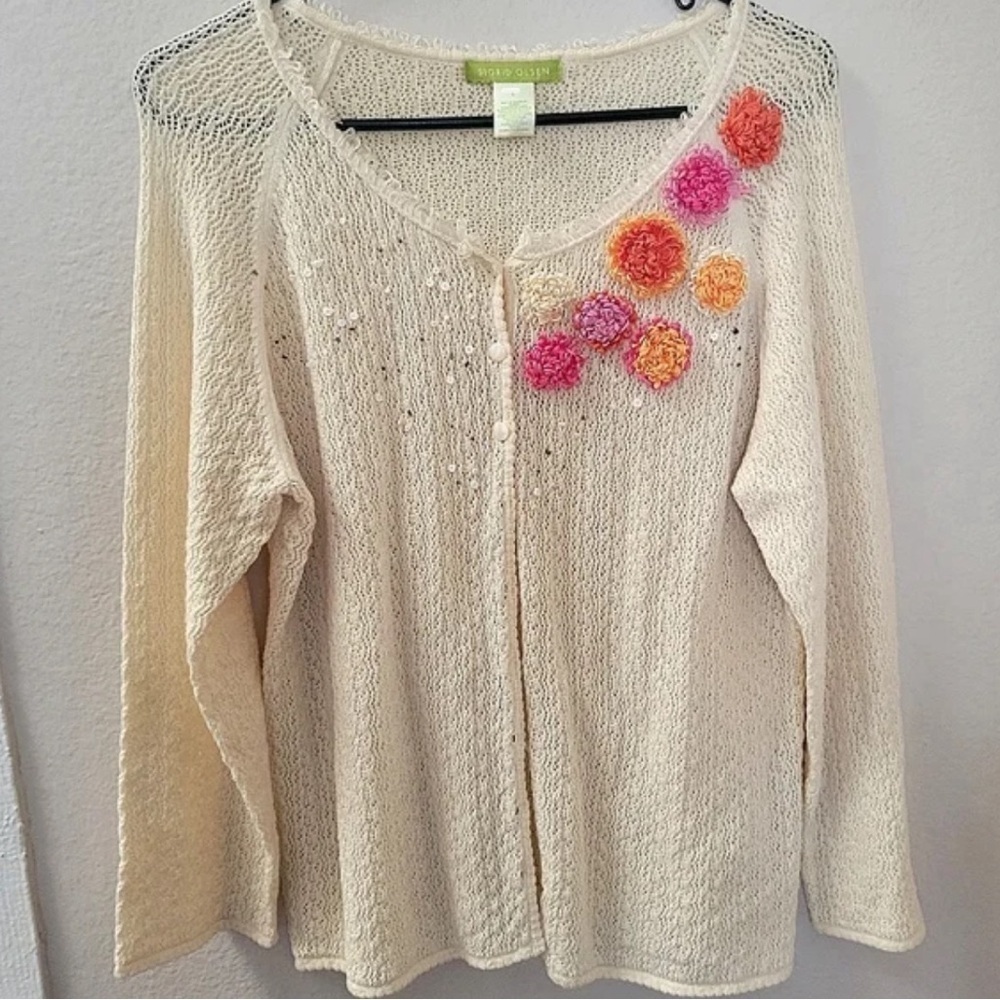 Vintage Linen quirky Sigrid Olsen cardigan with floral accents XS Vacation Beach